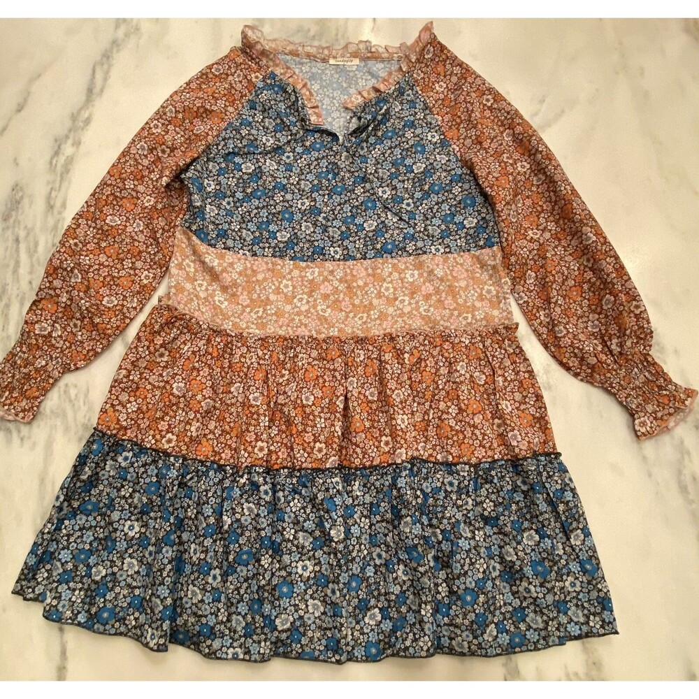 SUNDAY UP Floral Blue Bohemian Print Long Sleeve Dress Ruffle Sleeve Med.